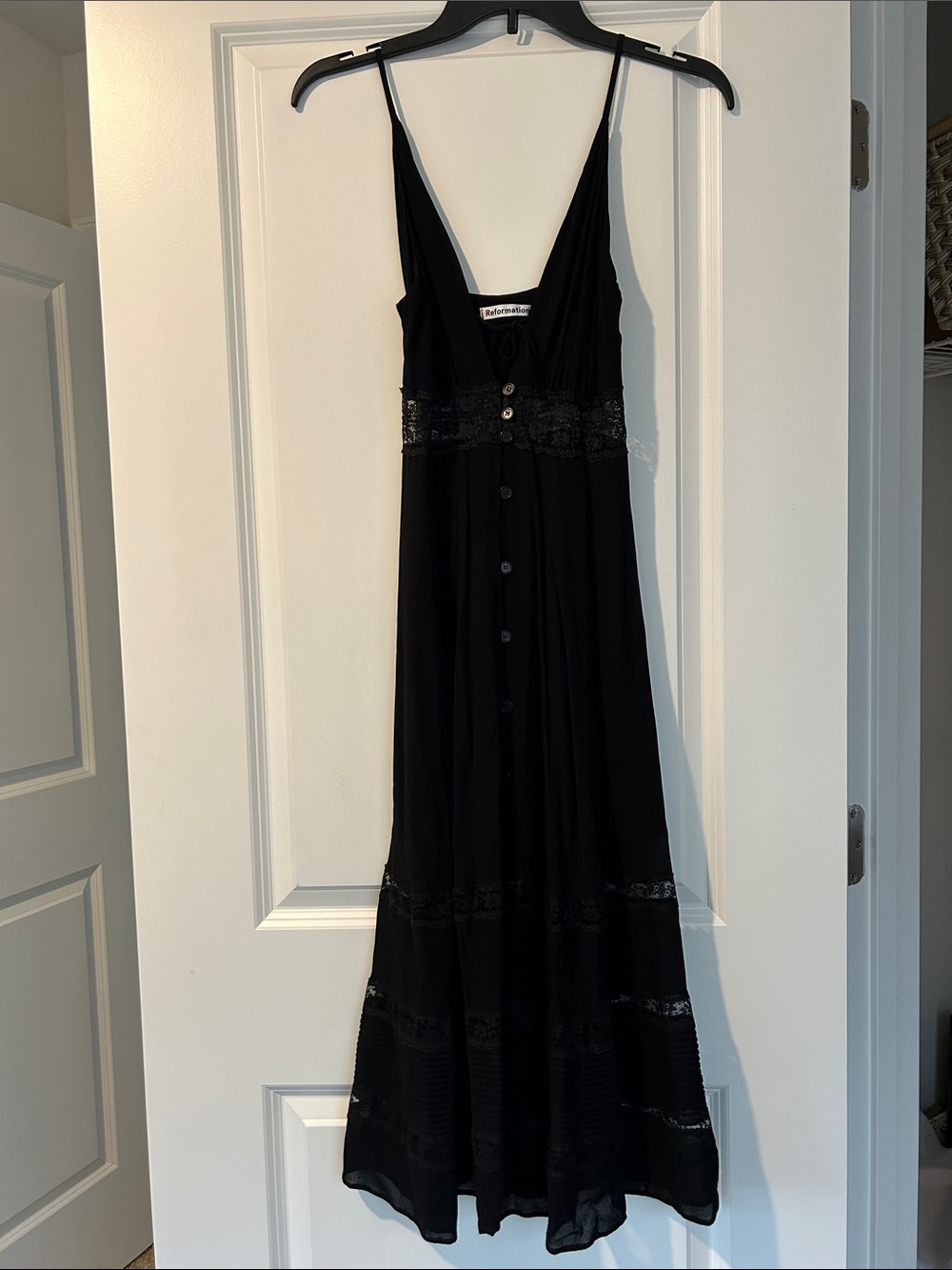 NWOT Reformation Black Lace-Trim Midi Dress with Button Front.